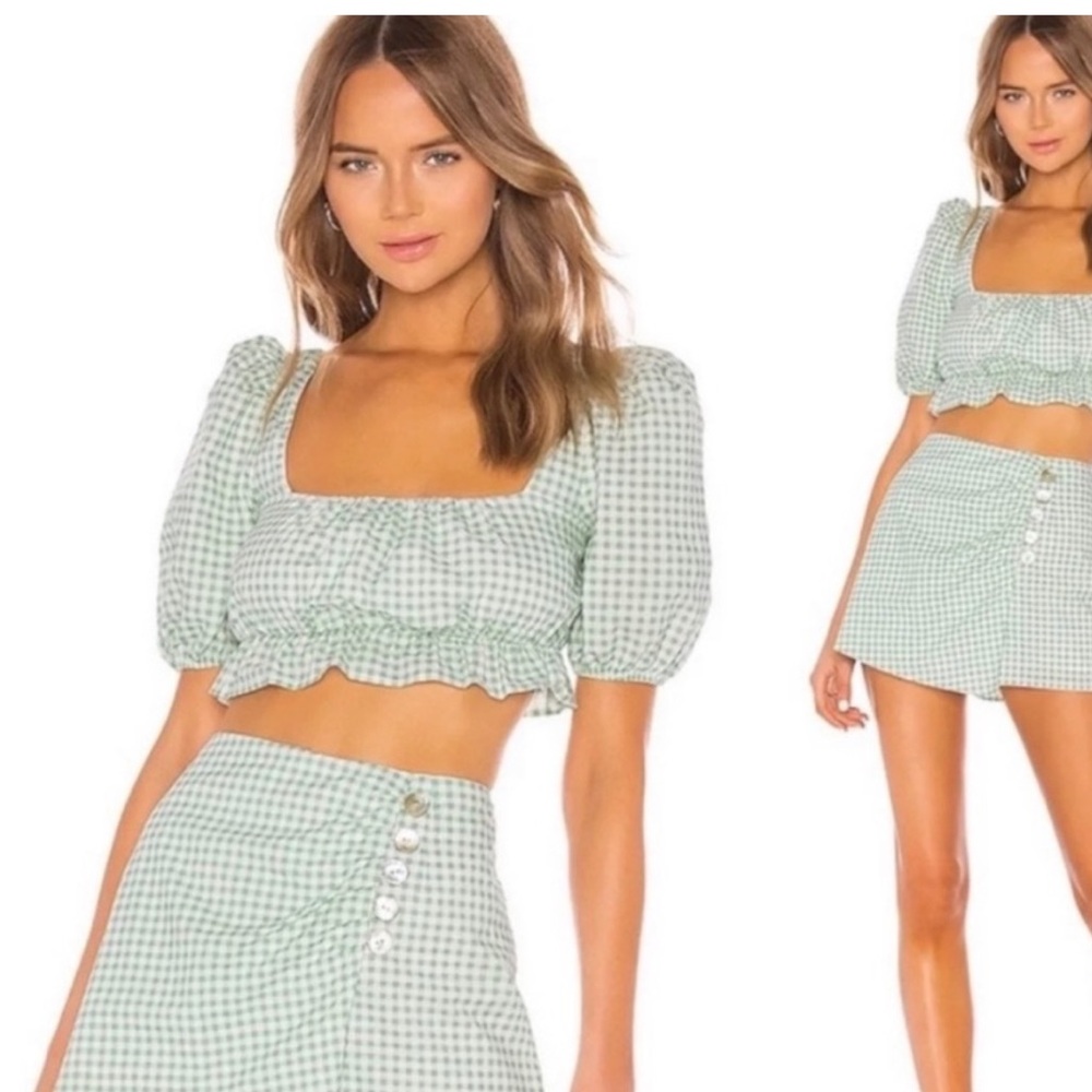 Lovers & Friends Gingham Puff Sleeve Crop Top